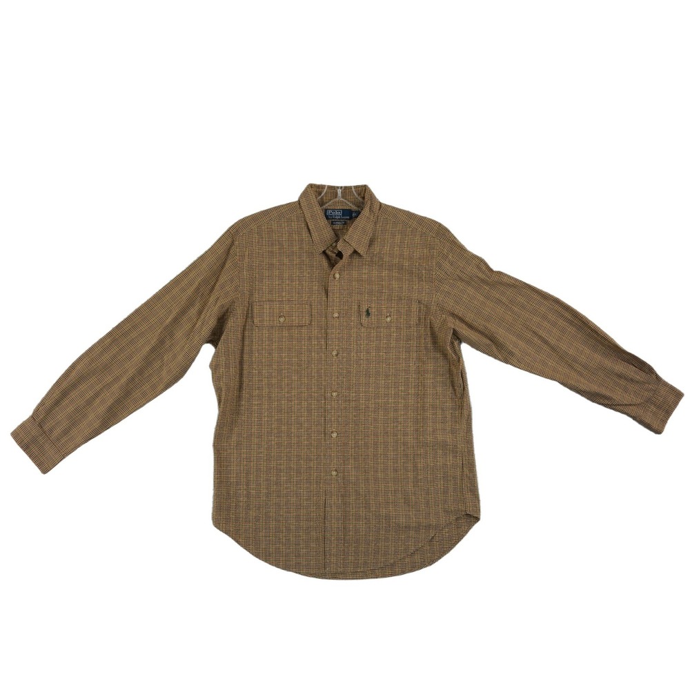 Polo Ralph Lauren 100% Cotton Shirt Men's Size Large Brown Plaid Elbow Patches